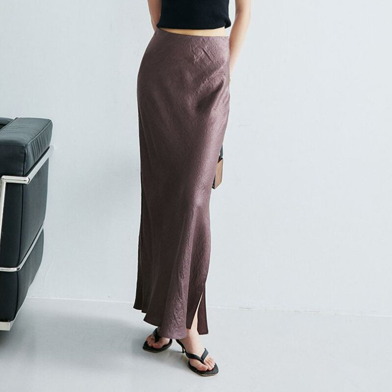 Falda de longitud media para mujer, falda de línea a con textura de acetato, ropa de moda coreana, novedad de verano