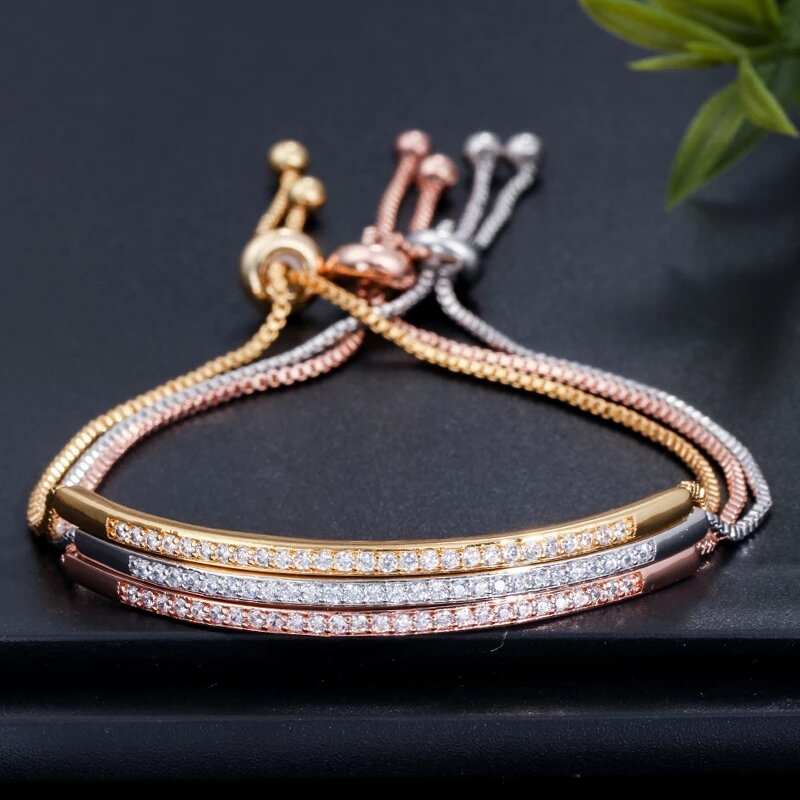 CWWZircons - bracelet ajustable pour femmes, bijou couleur rose tchèque doré brillant et captivant, avec glissière, bracelet ajustable pour femmes CB089