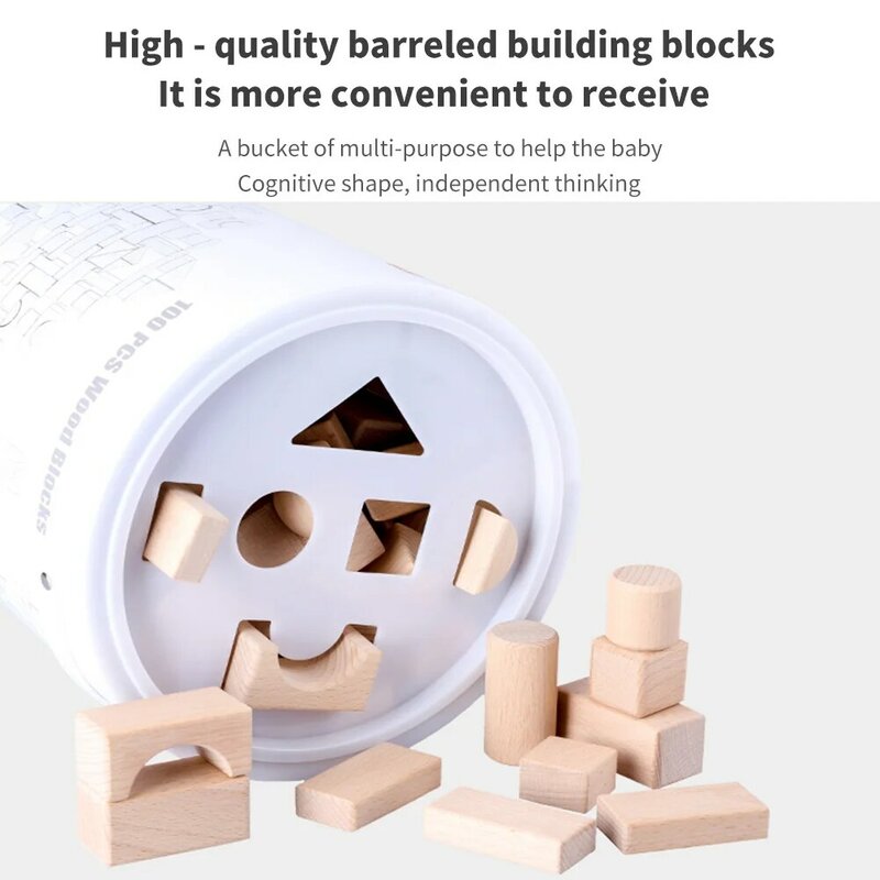 아기 장난감으로 사용하는 초기 교육용 네추럴우드 막대나무 통으로 만든 100개의 블록. 아이들을 위한 구축 블록 퍼즐 장난감.