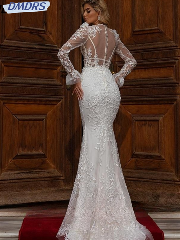 Elegant Fit Lace Mermaid Wedding Dress Sexy Sheer Back Long Sleeve Bridal Gown Boho Applique v Neck Gowns Vestidos De Novia