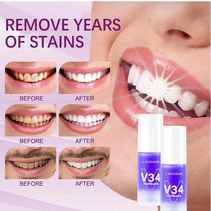 V34 Mousse pasta gigi pembersih gigi 30ml, pasta gigi efektif membersihkan gigi, pemutih, pasta gigi mengurangi noda gigi kuning, Oral