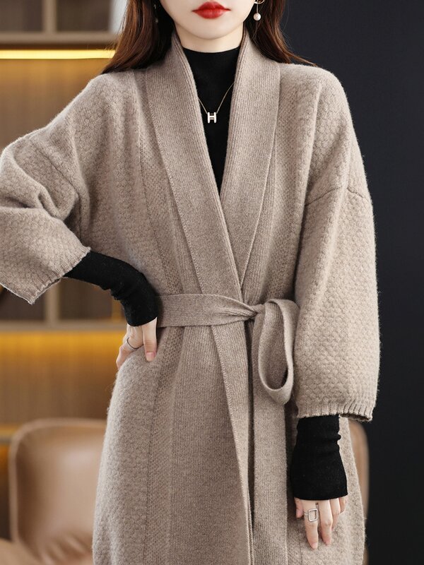 Cardigã de caxemira longo e torcido feminino, suéter com decote em v, casaco grosso 100% lã merino, moda outono e inverno
