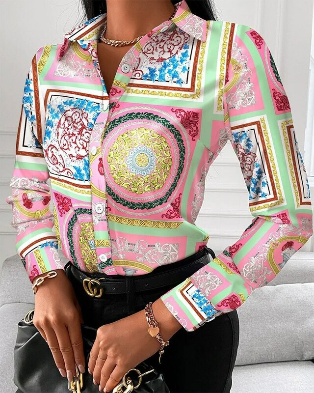 Blouses for Women Casual Collar Button Down Shirts Colorful Vintage Print Tops Loose Long Sleeve Dressy Shirts Sexy Tops Camisas