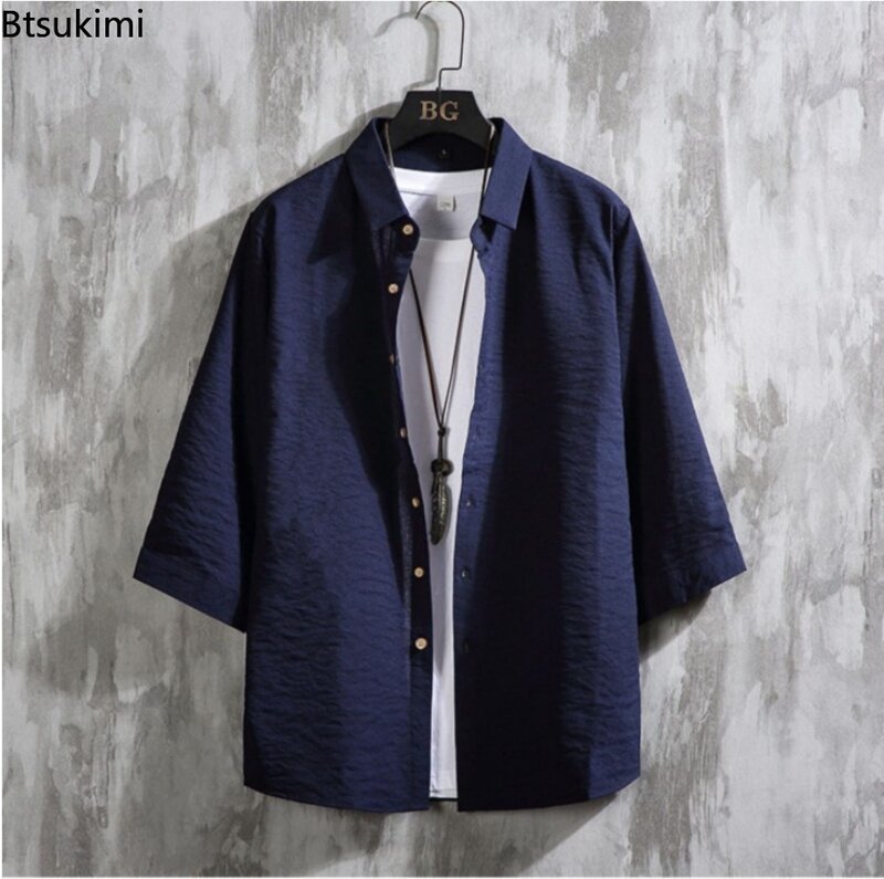 Large Size 7XL Men's Loose Casual Shirts Fashion Simple Solid Lapel Cardigan Tops Breathable Versatile Cotton Linen Shirt Coats