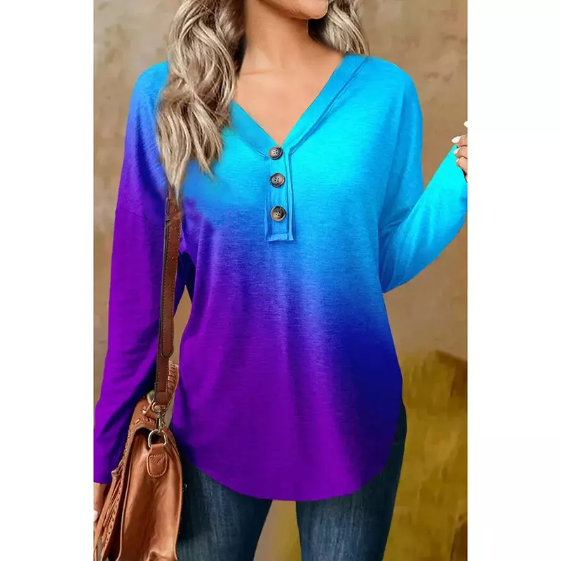 Blusa de manga comprida com decote em v e botão, tamanho grande, cor azul, estilo casual
