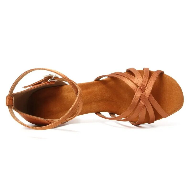 Профессиональная Обувь для латиноамериканских танцев для взрослых, туфли на тонком каблуке, на среднем каблуке, с мягкой подошвой, атласные туфли, коричневые, бесплатная доставка, 802