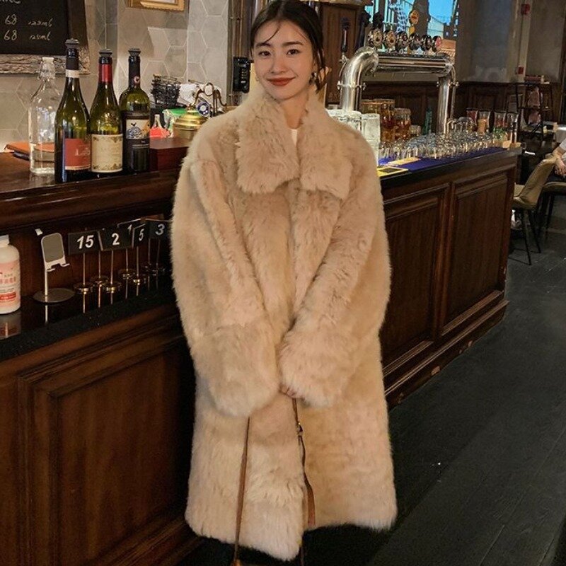 2023 Autumn Winter New Women Imitation Fox Furs Coat Fashion Thicken Thermal Long Parkas Female Elegance Solid Color Outwear
