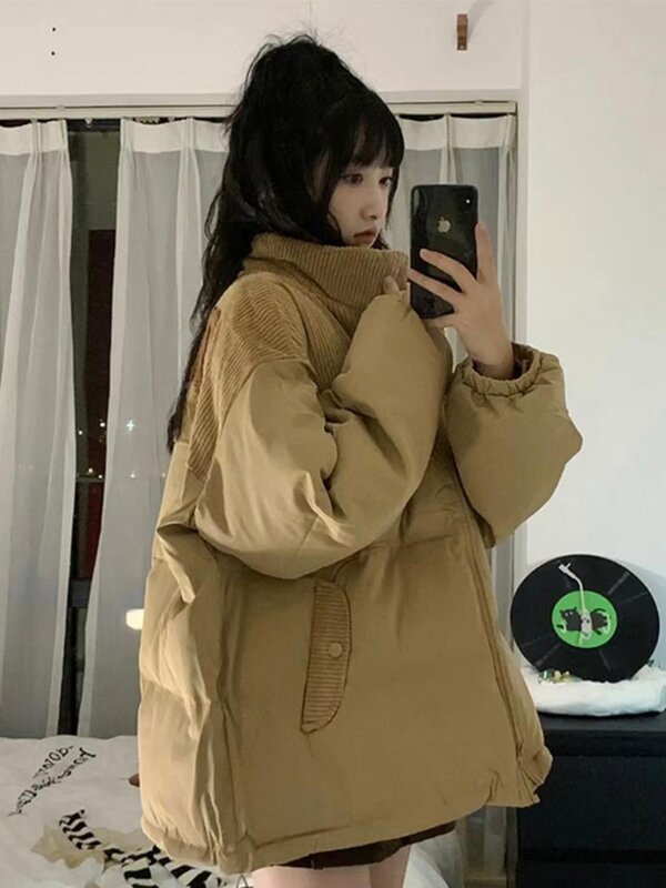 Abrigo de plumón de algodón de gama alta para mujer, chaqueta de invierno, figura pequeña, pana, Patchwork, tendencia