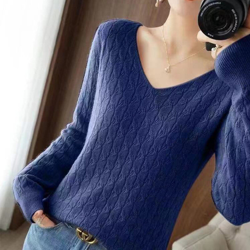Sweater wanita kantor lengan panjang, atasan Chic Y2K, Sweater Hollow Out Retro warna polos, Pullover kasual longgar, leher V lengan panjang, musim panas