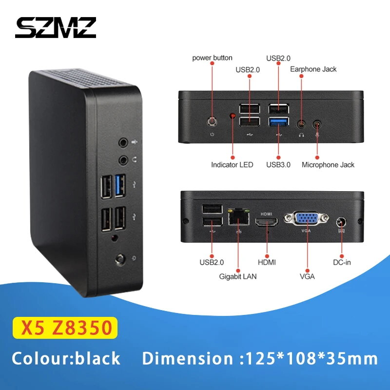 SZMZ PC MINI X5 Z8350 1.92GHz, RAM 4GB SSD 64GB wnidow 10 Linux mendukung HDD 2.5 inci VGA & HD Output ganda WIN10 komputer Desktop