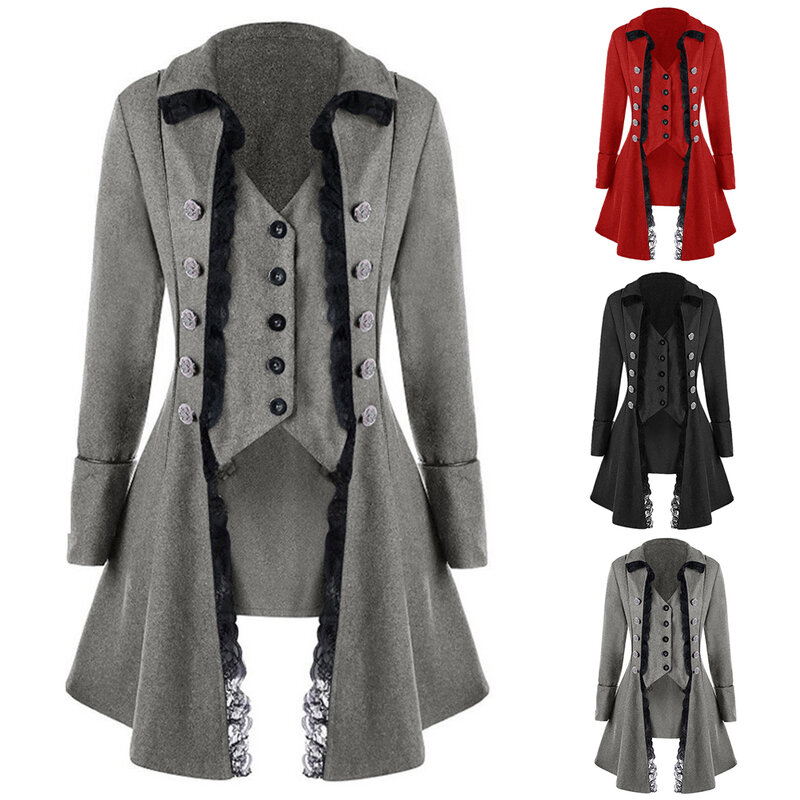 Veste de combat gothique vintage pour femme, bouton simple, bord en dentelle, blazer long rétro, manteau de costume victorien, vêtements