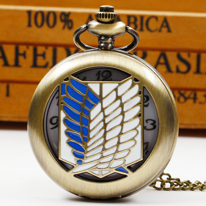 Hollow Quartz Pocket Watch Bronze Vintage Pendant Blue and White Wing Design Necklace Chain Pocket Fob Watches Men Women