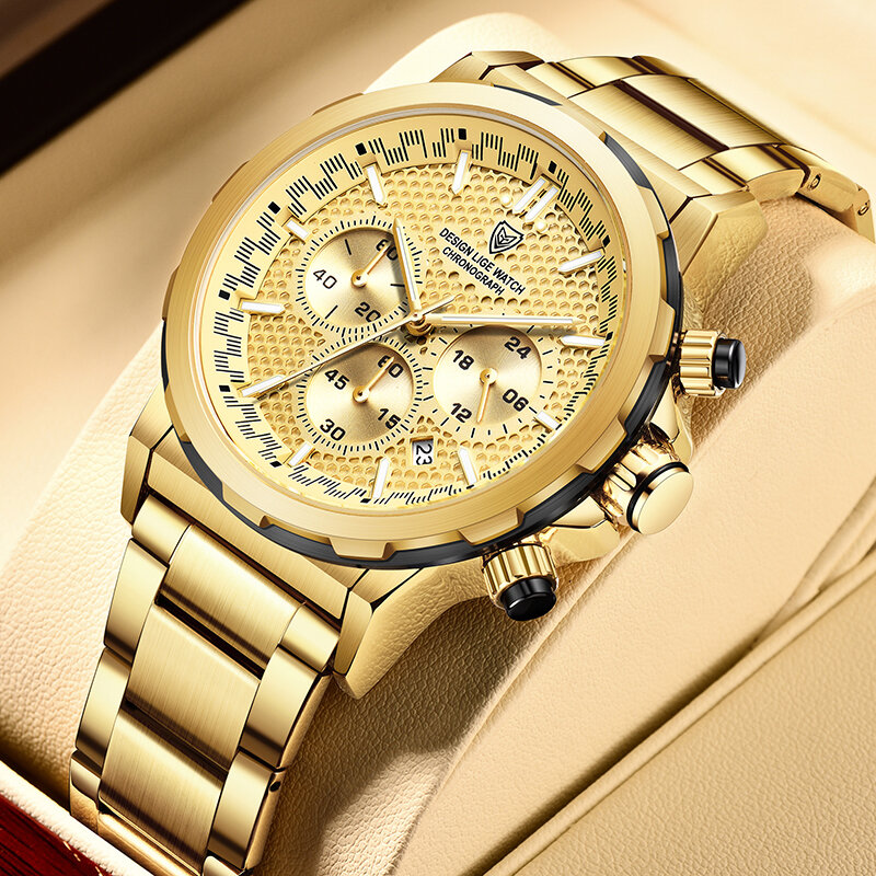 LIGE jam tangan pria, merek terkenal jam tangan mewah baja penuh jam kuarsa olahraga tahan air jam besar