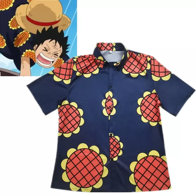 Kostum Cosplay Anime Monkey D Luffy baru kaus lengan pendek Atasan Pria kaus Overshirt bunga matahari kasual pantai musim panas