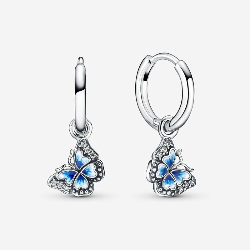 Pendientes de plata esterlina 925 para mujer, aretes de aro con forma de mariposa azul y Flor de Pansy, a la moda, con forma de corazón, joyería artesanal