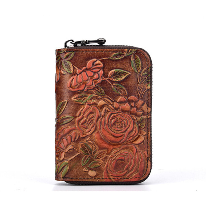 กระเป๋าคลัทช์มีซิปสำหรับกระเป๋าสตางค์ใบสั้น/ที่ใส่บัตรประชาชนหนังแท้ลายดอกไม้กระเป๋าใส่เงินกระเป๋าแบบพับสองพับ