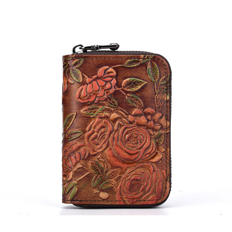 Cartera corta con cremallera para mujer, tarjetero de crédito/identificación con patrón de flores, bolso de mano de cuero genuino, monedero plegable