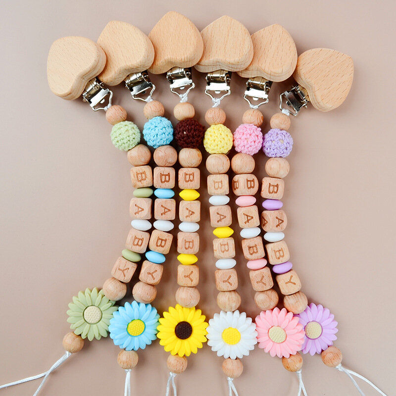INS Personalized Name Baby Pacifiers Clips Heart Wood Silicone Daisy Flower Dummy Nipples Holder Chain Teething Toys Accessories