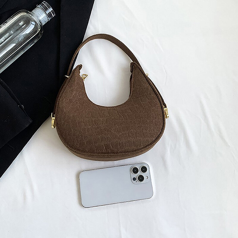 Borsa a tracolla in tinta unita moda Casual Texture moda una spalla borsa per gnocchi in feltro a forma di mezzaluna di nicchia francese