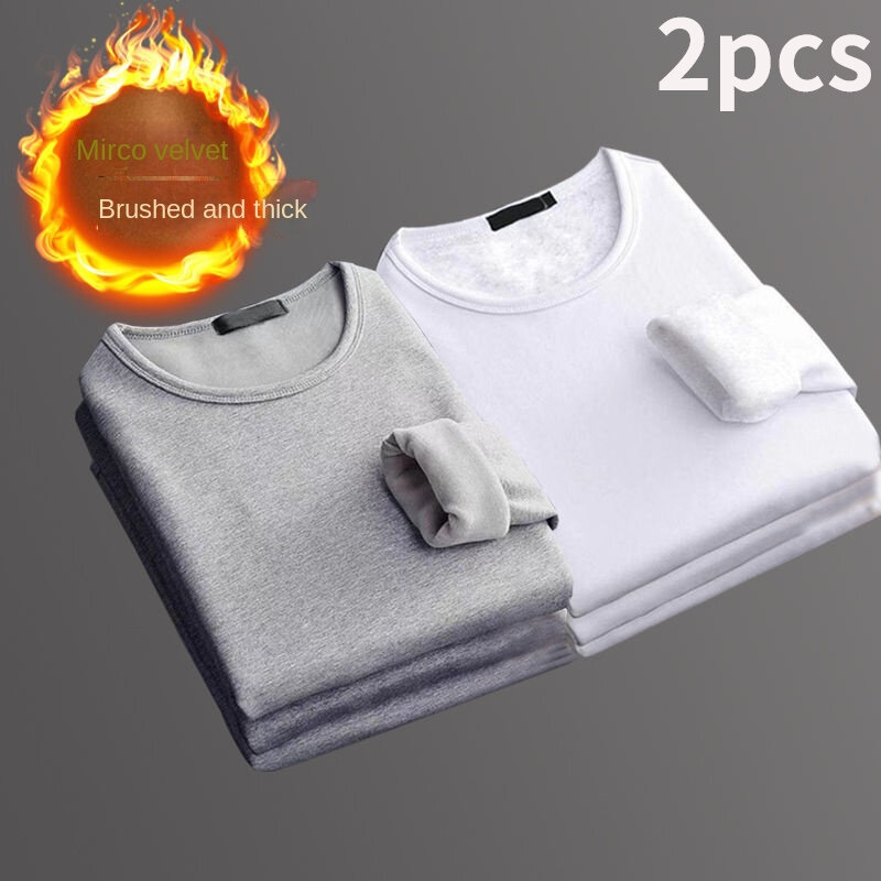 2pcs Men's Thermal Underwear Warm Plus Velvet Thickened Slim O-neck T-shirt Winter Cold-proof Warm Bottoming Shirt Inner Top 5XL