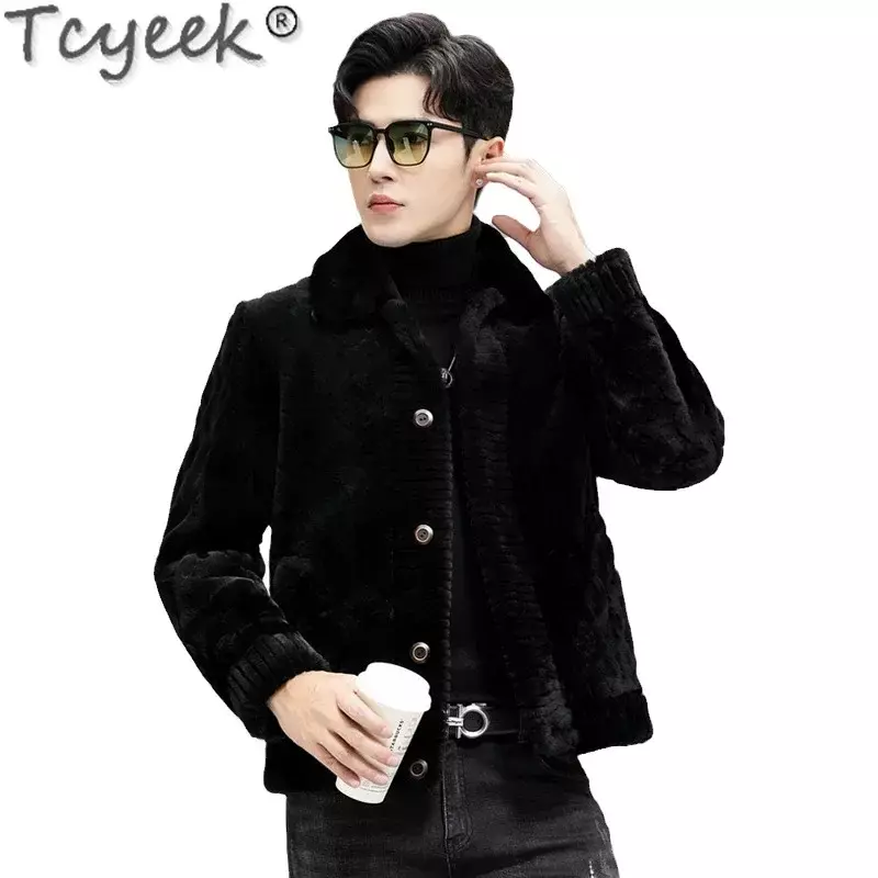 Tcyeek-chaqueta de cuero Real para hombre, abrigo corto de piel de oveja Natural, ajustado, Reversible, a la moda, para invierno