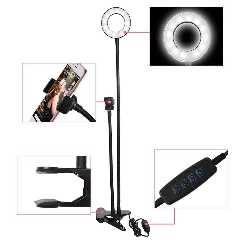 Hot Sell Live Steaming Flexible Desk Phone Holder with Clip 3 Levels Ring Light with Stand and Phone Holder