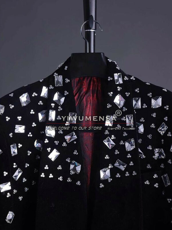 Black Velvet Suits Men For Wedding Crystals Beaded Stone Jacket Pants 2 Pieces Groom Tuxedo Formal Business Banquet Man Dress