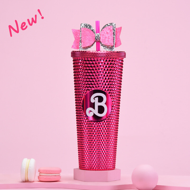 Pink B Cups New Bowknot Double Layer Plastic Straw Cup 710ml Large Capacity Creative Portable Diamond Cup