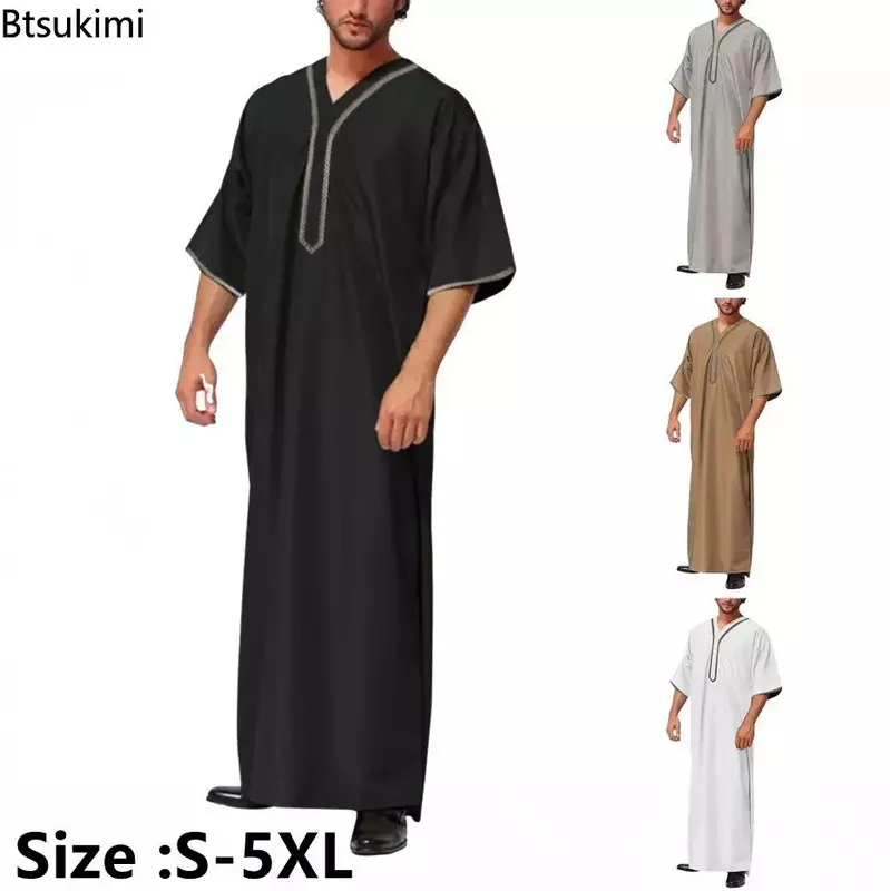 무슬림 남성 주바 토브 솔리드 단추 기모노 미들 로브, 사우디 무슬림 남성 셔츠, 스탠드 칼라, 이슬람 아랍어 카프탄 남성 아바야스, 2024