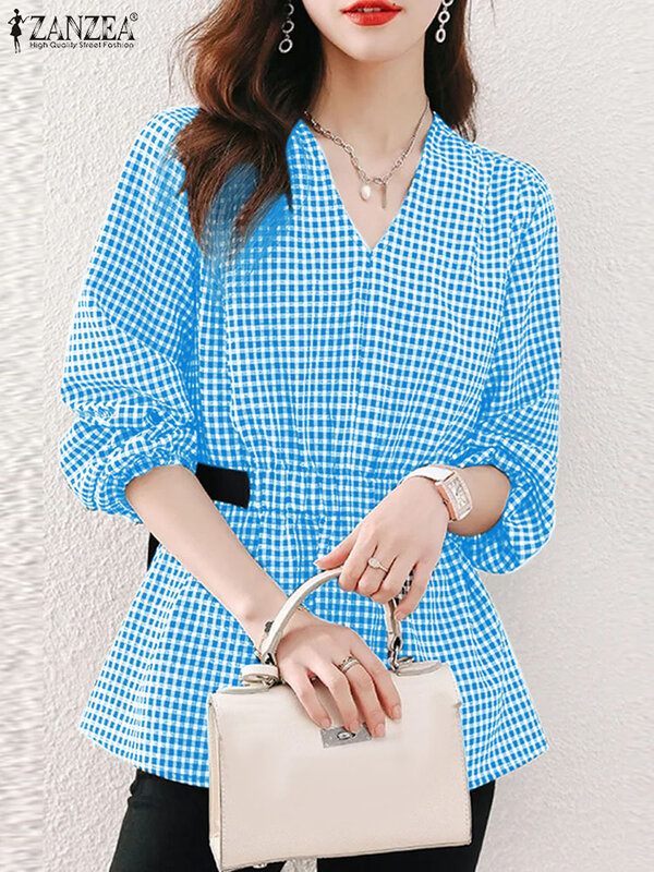 Блузка ZANZEA женская с V-образным вырезом, винтажная рубашка в клетку, Офисная туника в стиле оверсайз, с длинным рукавом, уличная одежда, лето-весна 2024
