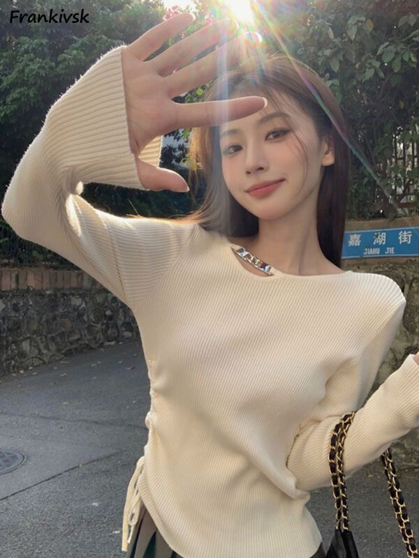 Женский Асимметричный свитер, тонкий однотонный элегантный ажурный простой осенний Молодежный свитер в японском стиле