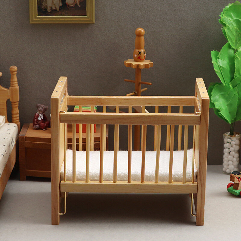 1:12 Dollhouse Miniature Baby Bed Mini Cradle Baby Cot Model Wooden Nursery Room Bedroom Furniture Doll House Decor Accessories
