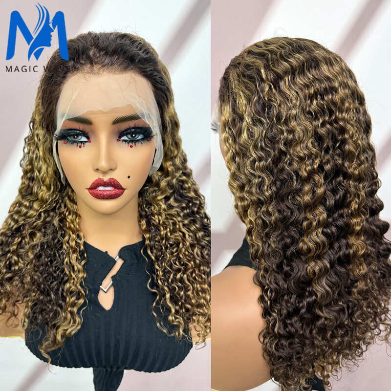 613# Blonde Water Wave Human Hair Wigs for Black Women 250% Density 13x4 Lace Frontal Curly Wave Brazilian Remy Hair Wig 20 Inch