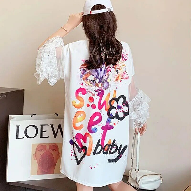 Summer Lace Patchwork Pullovers Half Sleeve Women's Clothing Casual Printed Round Neck Basic Korean Hand-Painted Loose T-shirt