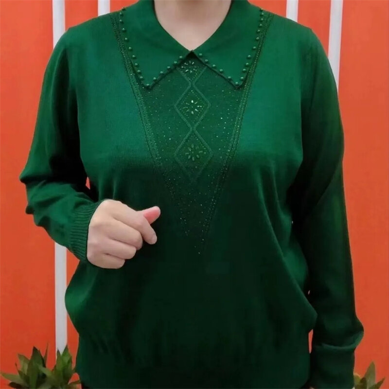 Новинка 2024, свитера для женщин среднего возраста, пуловеры, весенне-осенний Свободный Повседневный Трикотажный свитер с длинными рукавами, женский джемпер