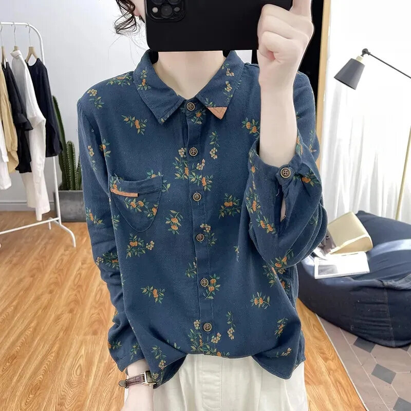 Cotton And Linen Printing Shirt Women 2024 Autumn New Fashion Korean Loose Casual All-Match Thin Bottoming Shirt Blouse Ladies