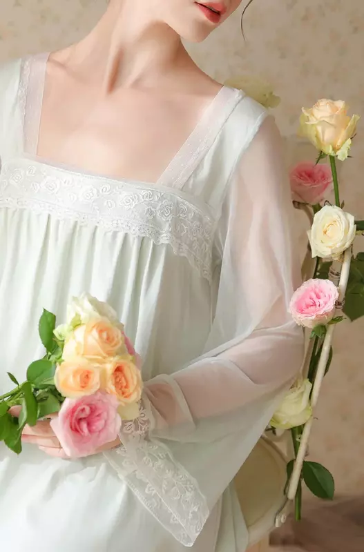 Женская винтажная ночная рубашка с длинным рукавом, кружевные однотонные дамские ночные рубашки на весну и осень, одежда для сна с квадратным вырезом, женская одежда для сна