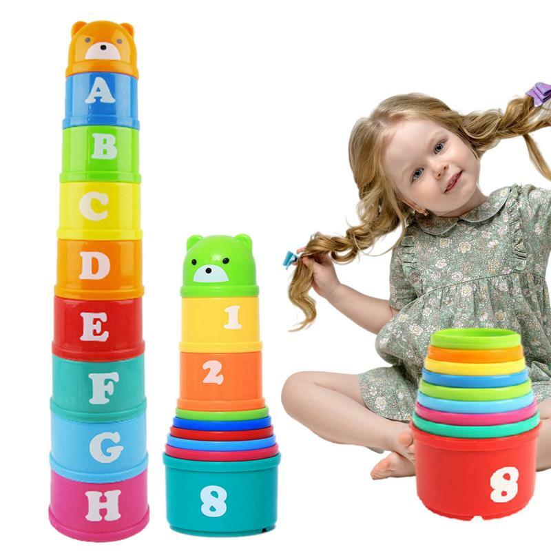 Empilhar copos brinquedo para crianças, figuras educacionais Montessori, Folding Stack Cup Tower, figuras da torre do arco-íris, educação precoce