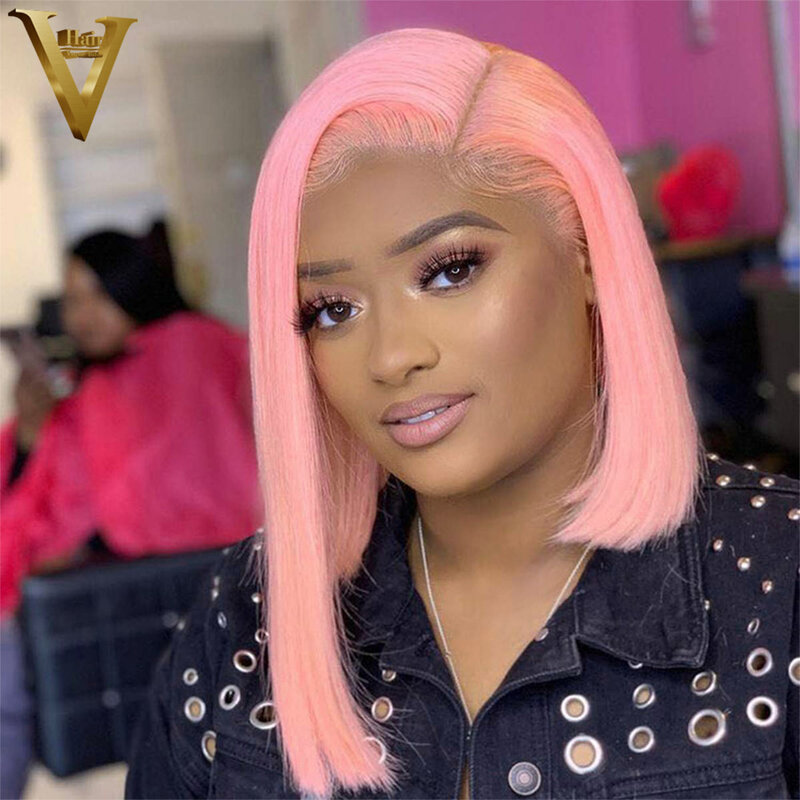 Pink Pre Plucked 13×4 Transparent Lace Frontal Wig Short Straight Bob Wigs For Black Women Brazilian Virgin Remy Human Hair Wig
