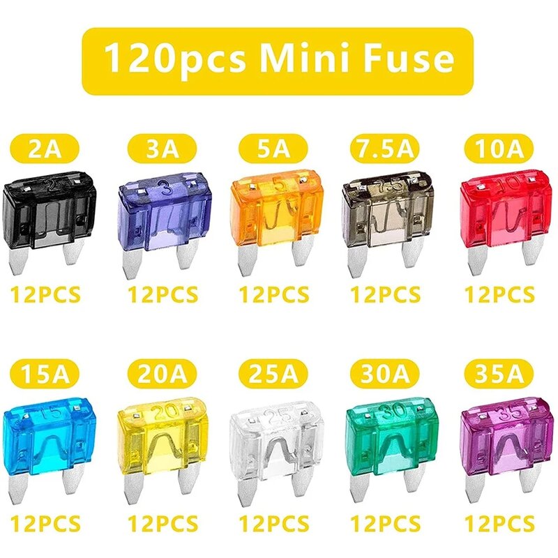 120pcs Profile Small Size Blade Car Fuse Assortment Set for Auto Car Truck 2 3 5 7.5 10 15 20 25 30 35A Fuse with Box