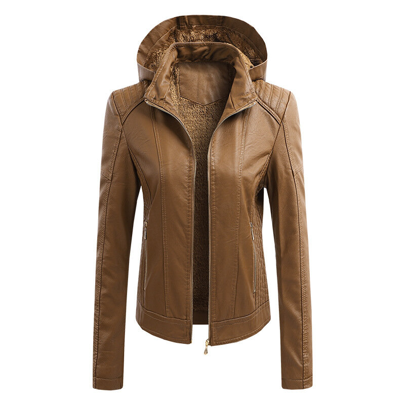 Mantel jaket bulu bertudung wanita, pakaian Eropa dan Amerika musim gugur dan musim dingin, mantel kulit dengan tudung yang dapat dilepas