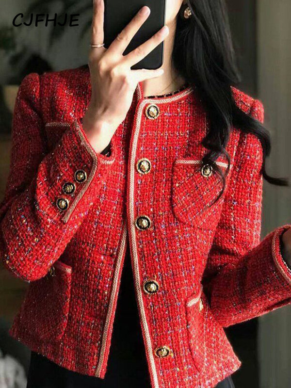 CJFHJE-Blazers de Tweed rojo para mujer, chaqueta holgada con cuello redondo, traje de un solo pecho, abrigos elegantes de estilo coreano, otoño e invierno, novedad