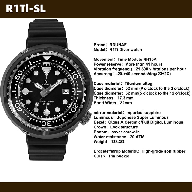 RDUNAE 남성용 티타늄 클래식 황제 캔 다이버 시계, NH35A 자동 기계식 시계, 사파이어 200m 방수