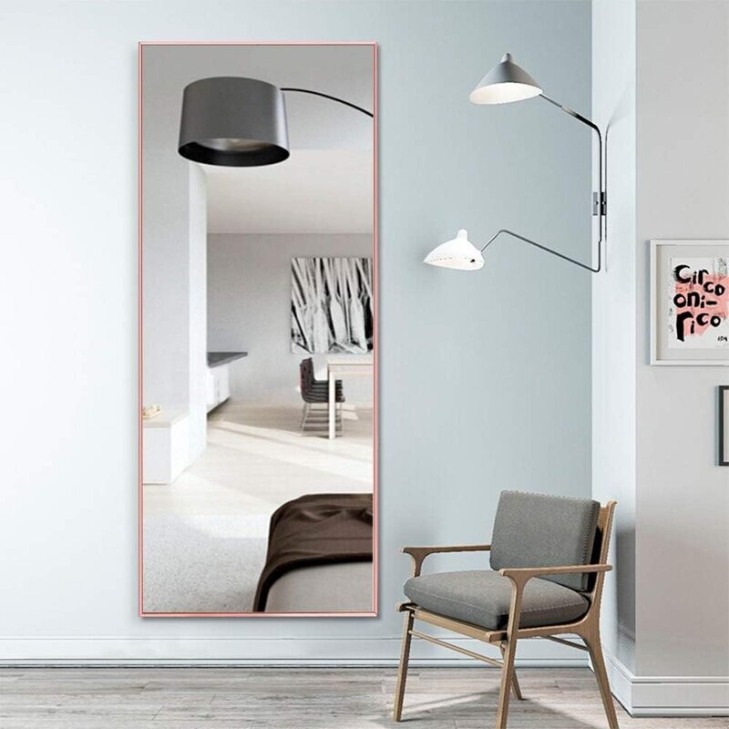 Miroir de fur sage Autoportant avec Support, du Sol au Plafond, avec Cadre Fin en Alliage d'Aluminium, Or Rose
