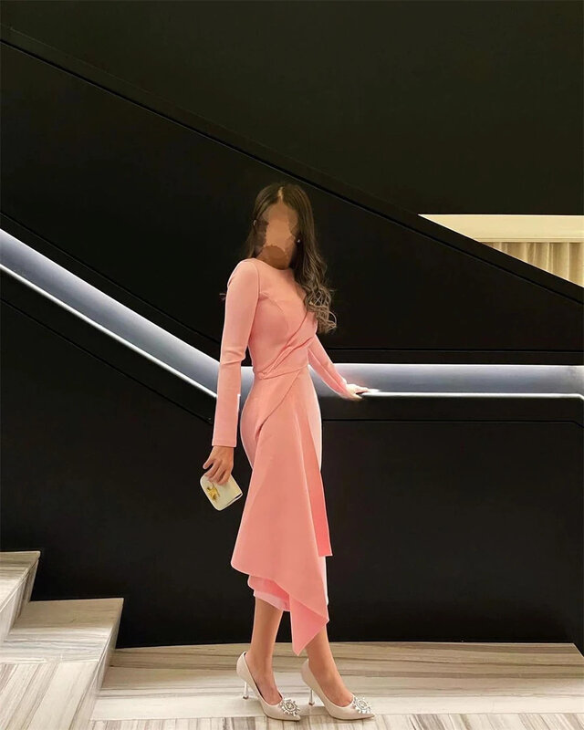 Pink Short Evening Dress Minimalist Prom Dress Formal Occasion Party Dress Long Sleeve Prom Dress Tea Length 2024 Mermaid
