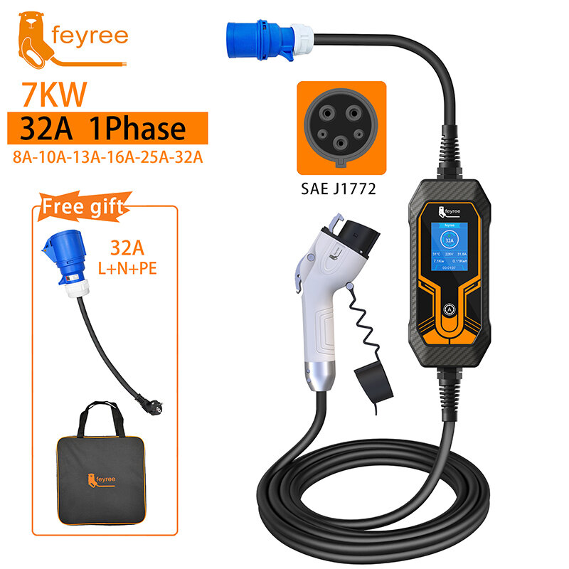 Feiyree-電気自動車充電器,電気自動車充電器,タイプ1,j1772,7kW,32A,1相,5mケーブル