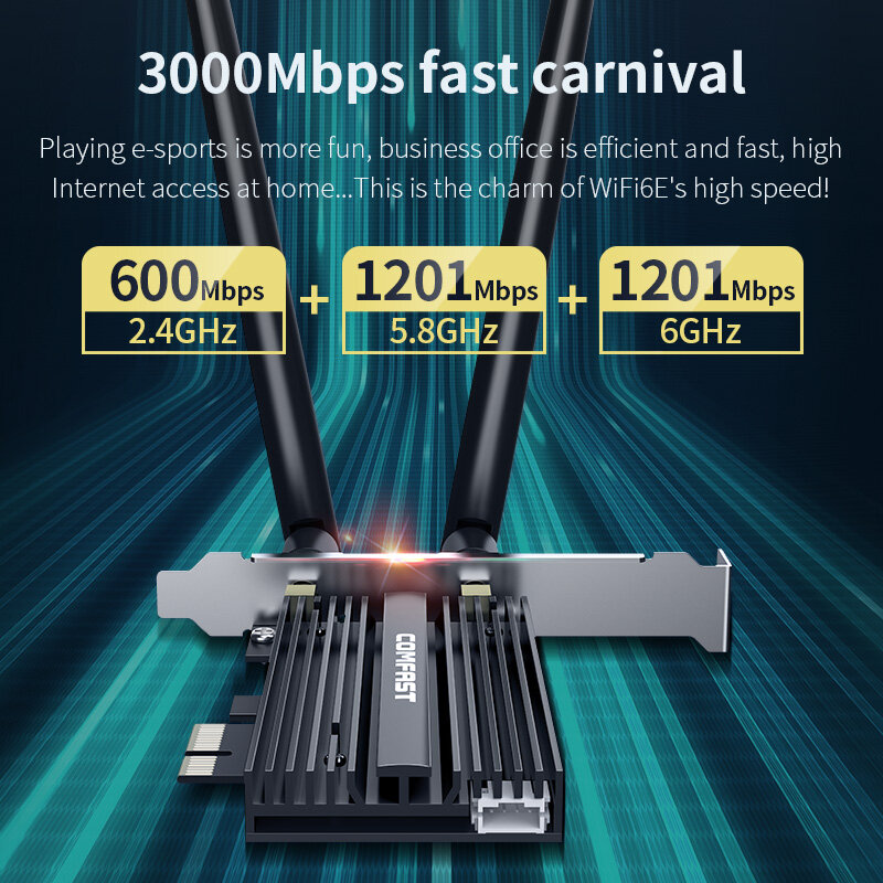 Comfast WiFi6E 3000Mbps PCI-E بطاقة الشبكة 2.4G & 5GHz & 6GHz ثلاثي النطاق واي فاي محول 802.11AX AX181 ل حاسوب شخصي مكتبي Win10/Win11 64bit