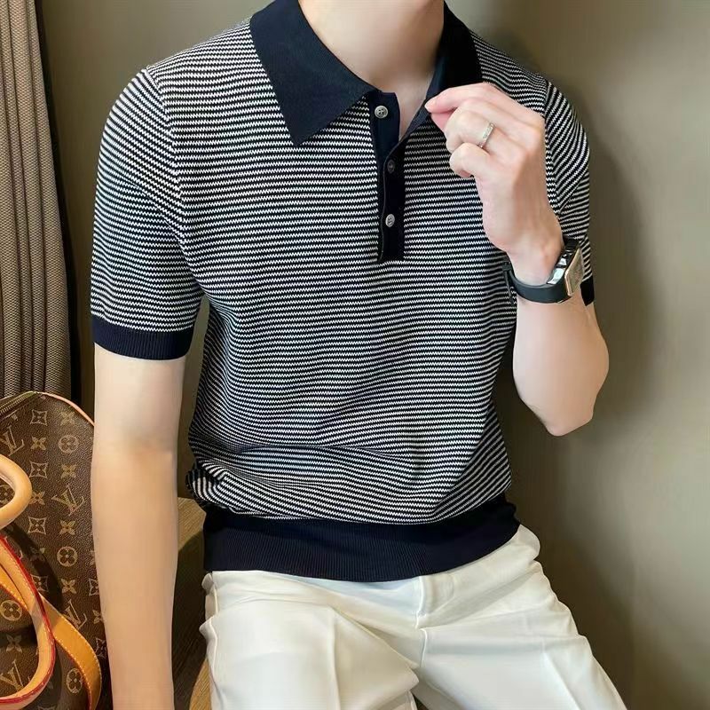 Summer Fashion Smart Casual Trendy New Ice Silk Knit Polo camicia da uomo con risvolto a righe con pannelli Versatile Top a maniche corte