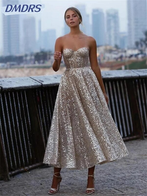 Luxuriöses Pailletten-Spitzen kleid sexy Schatz A-Linie kurze Kleider klassische rücken freie ärmellose Abendkleid vestidos de novia