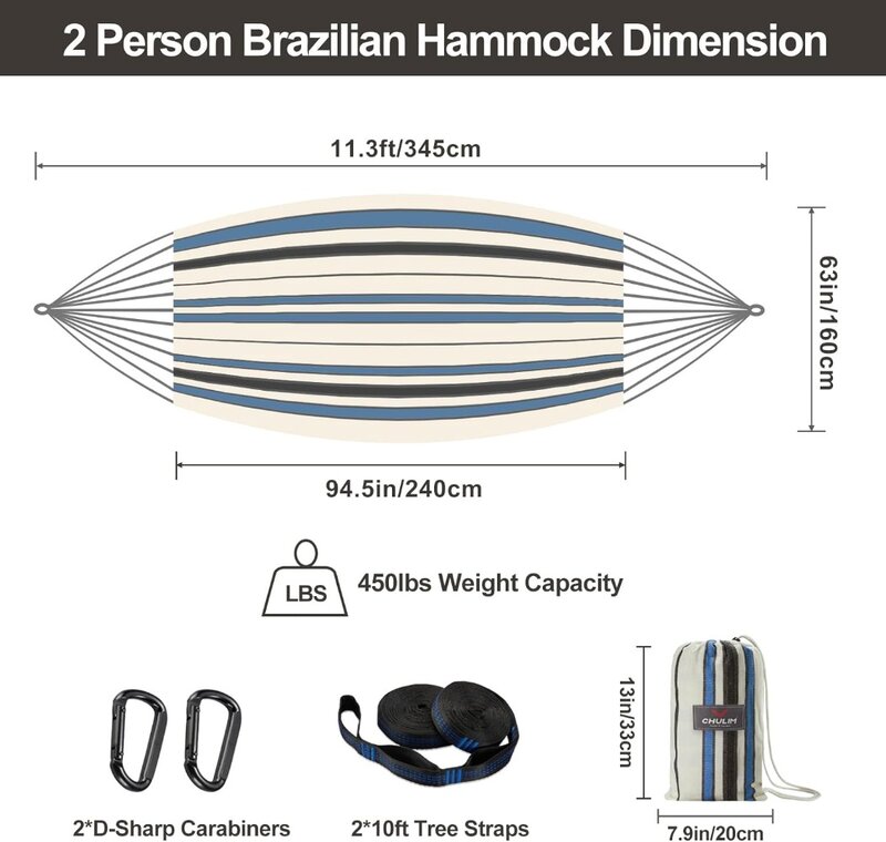 Hamaca doble brasileña con correas de árbol, Extra grande, 94x63 pulgadas, 2 personas, Patio trasero, exterior e interior